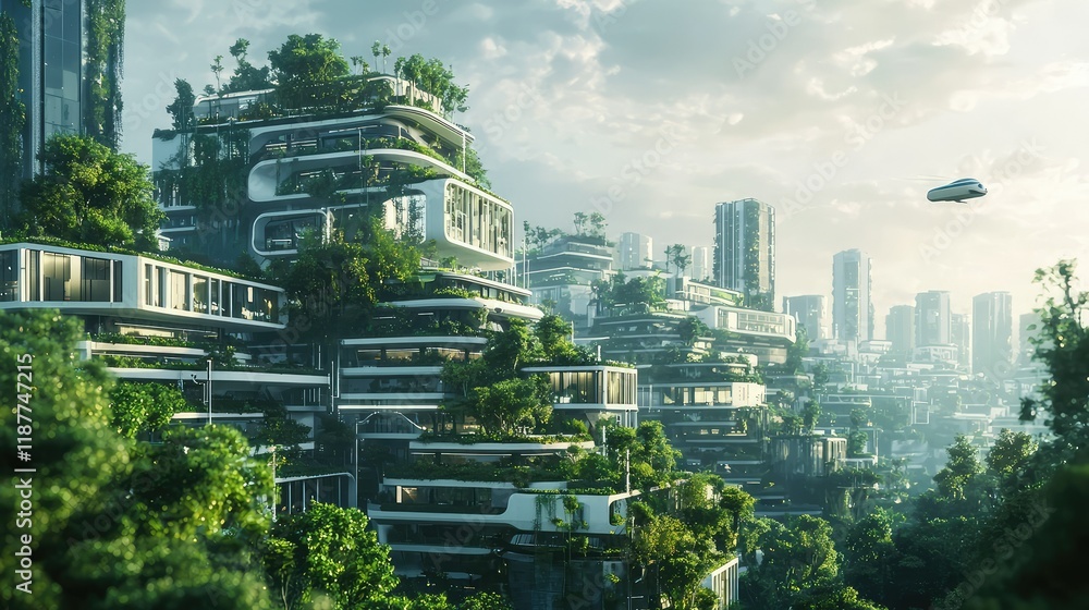 Obraz premium Futuristic Eco-Friendly Urban Landscape with Green Architecture