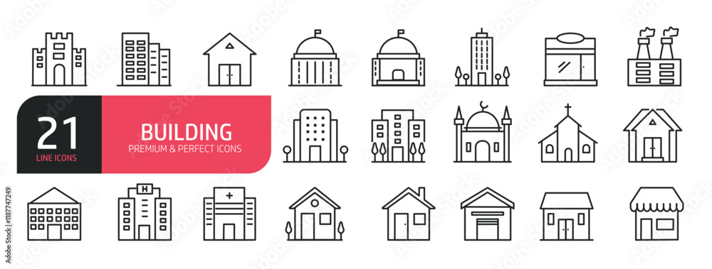 Set of line icons related to building, house, hotel, store, factory. Outline icons collection. Editable stroke. Vector illustration. Set of line icons related to building, house, hotel, store, factory. Outline icons collection. Editable stroke. Vector illustration.