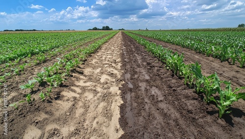 Lush green corn field with irrigation lines, showing soil contrast. photo