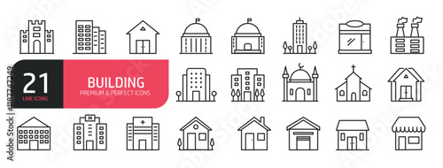 Set of line icons related to building, house, hotel, store, factory. Outline icons collection. Editable stroke. Vector illustration.