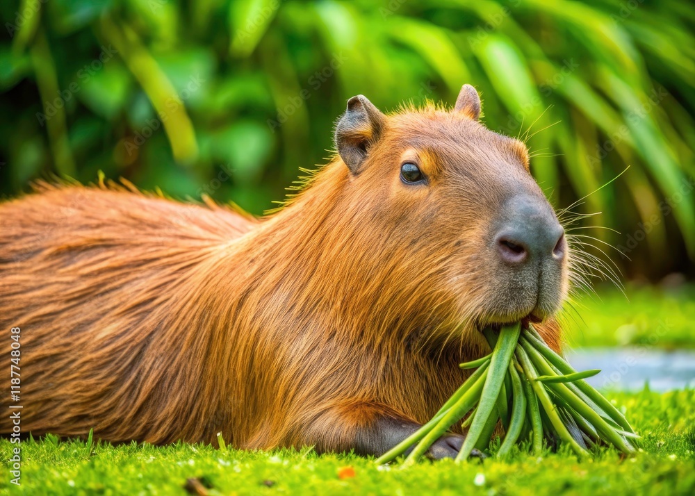 Capybara Eating Grass: Rule of Thirds Photo of Relaxed Rodent Capybara Eating Grass: Rule of Thirds Photo of Relaxed Rodent
