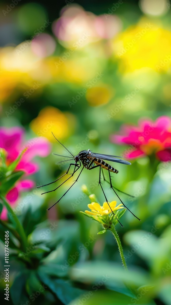 Close-Up of a Mosquito on Colorful Flowers in Vibrant Garden Scene Close-Up of a Mosquito on Colorful Flowers in Vibrant Garden Scene