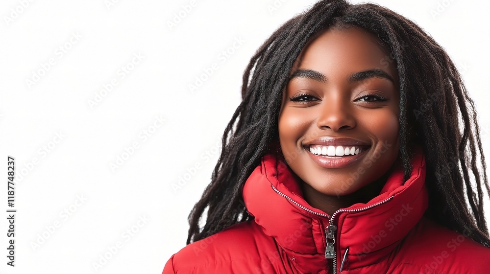 Radiant Winter Smile: A young Black woman with long dreadlocks beams radiantly, wearing a vibrant red puffer jacket. Radiant Winter Smile: A young Black woman with long dreadlocks beams radiantly, wearing a vibrant red puffer jacket.