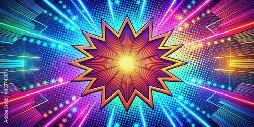 Colorful comic book style illustrations on a radial backdrop with bright neon lights and geometric patterns , #comicbookart, vibrantcolors photo