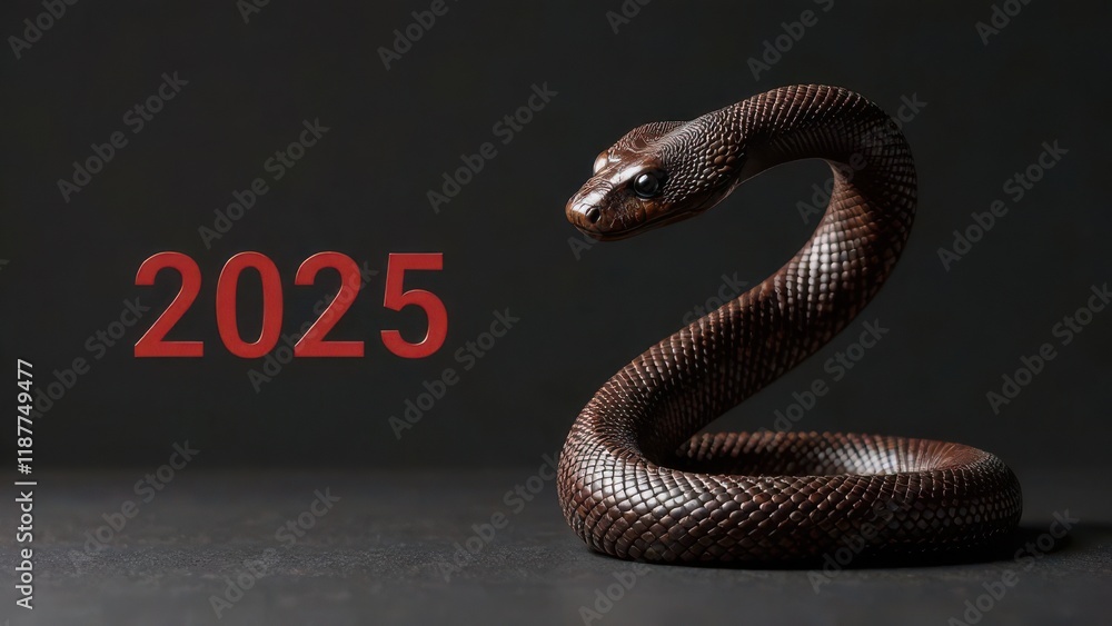 Obraz premium A striking brown snake coils gracefully against a dark background, its scales glistening. Bold red numbers signify the year 2025, adding a modern touch to the natural beauty of the serpent.