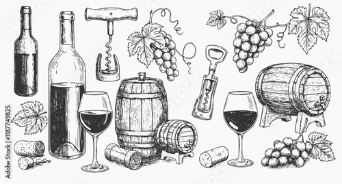 Wine stuff illustration, drawing, engraving, ink, line art, vector
