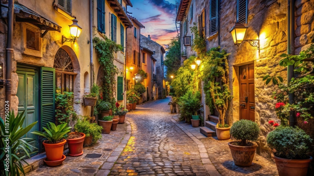 Fototapeta premium Enchanting Night Photography of an Alley in Antibes Old Town, French Riviera - Cobblestone Streets, Historic Architecture, Soft Lighting, and Vibrant Colors Create a Timeless Atmosphere