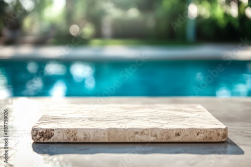 Poolside stone display, sunny day, summer background, product placement photo