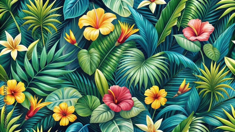 Fototapeta premium Tropical seamless pattern featuring a lush arrangement of palm leaves and colorful exotic flowers in shades of green