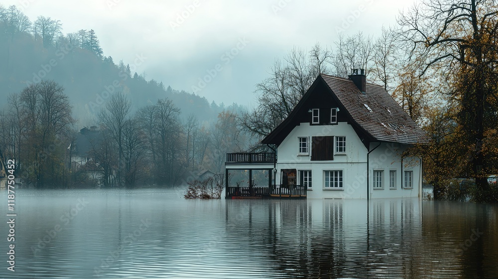 Fototapeta premium Submerged House in Foggy Landscape Surrounded by Still Waters