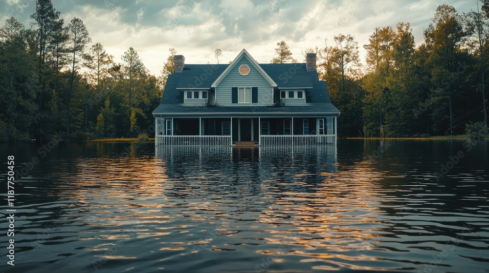 Fototapeta premium Serene House Surrounded by Calm Floodwaters Under Dramatic Sky