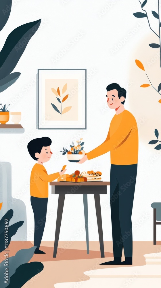 Fototapeta premium A father and son bonding over a colorful home-cooked meal in a cozy living space with modern decor and lively plants, creating joyful family memories together.