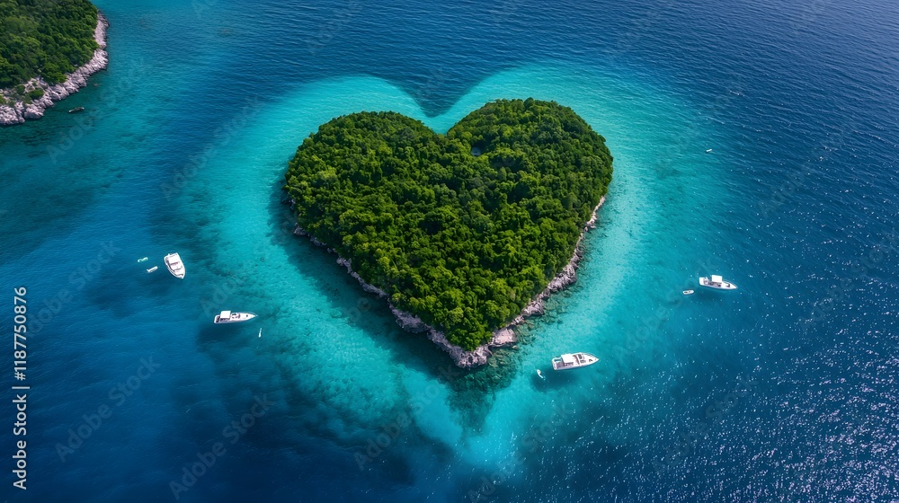 Heart-Shaped Island Surrounded by Crystal Clear Water with Boats Floating in the Serene Blue Ocean Heart-Shaped Island Surrounded by Crystal Clear Water with Boats Floating in the Serene Blue Ocean