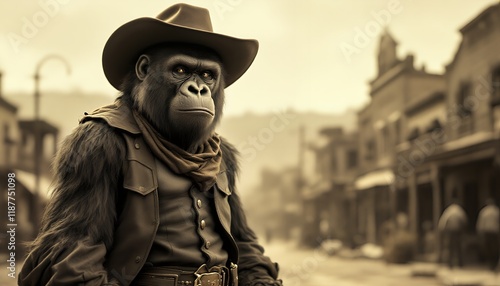 Gorilla Gunslinger: A Sepia-Toned Western Portrait photo