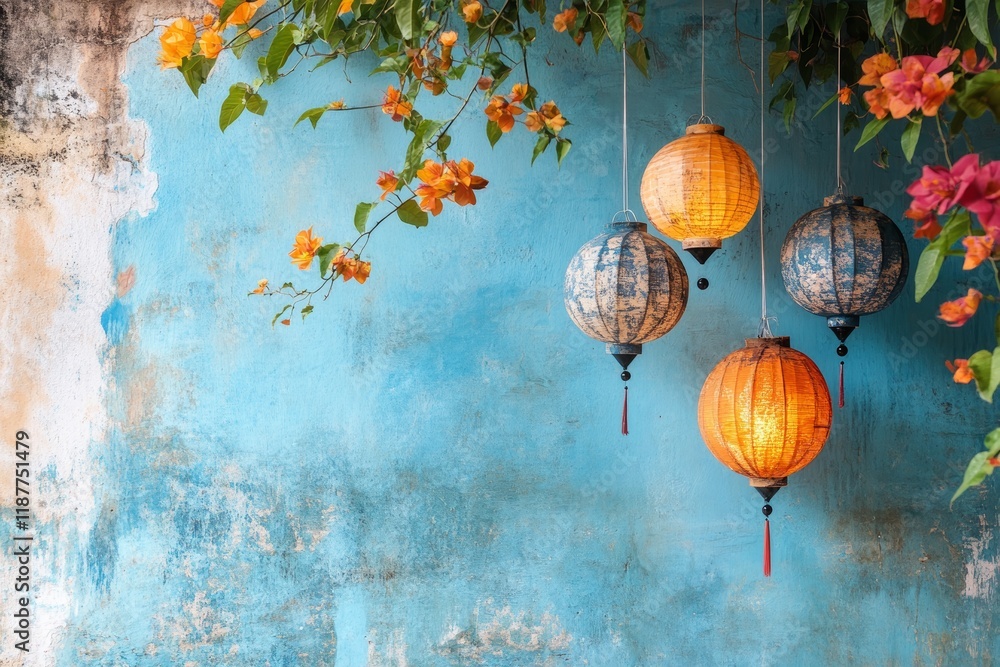 Obraz premium Colorful lanterns and orange flowers against a blue textured wall