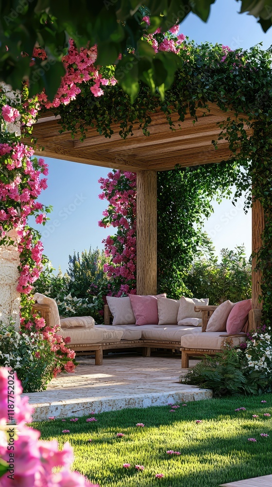 Fototapeta premium Serene Outdoor Lounge Surrounded by Vibrant Flowering Plants