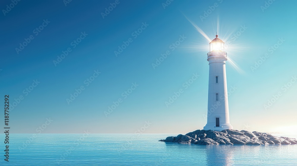 Bright Lighthouse Standing Tall Against Tranquil Blue Ocean Water Bright Lighthouse Standing Tall Against Tranquil Blue Ocean Water