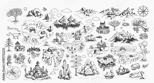 Fantasy map elements illustration, drawing, engraving, ink, line art, vector
