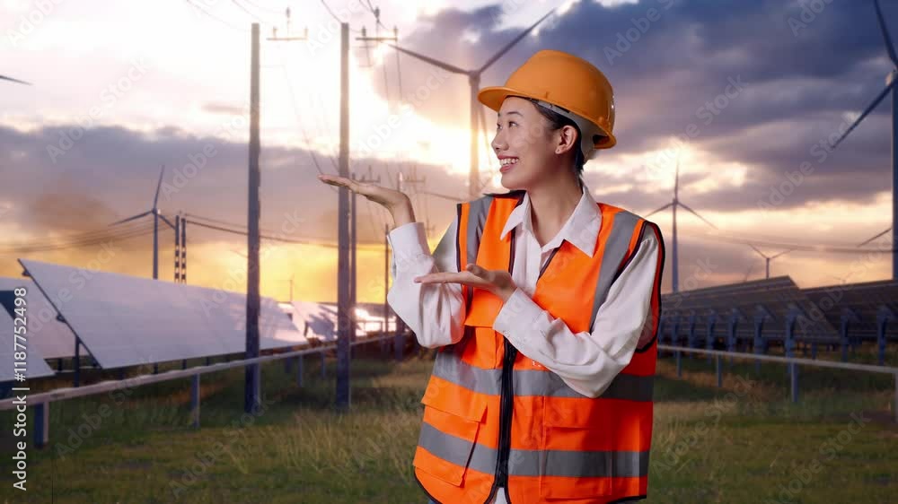 Asian Female Engineer With Safety Helmet Smiling And Pointing To Side With Solar Panel and Wind Turbines Asian Female Engineer With Safety Helmet Smiling And Pointing To Side With Solar Panel and Wind Turbines
