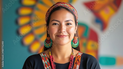 Young woman wearing traditional attire and colorful accessories smiles warmly in a vibrant cultural setting showcasing rich artistry and heritage of indigenous communities. photo