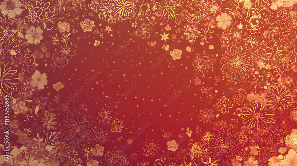 A festive red and gold winter wonderland illustration with snowflakes, perfect for Christmas card designs A festive red and gold winter wonderland illustration with snowflakes, perfect for Christmas card designs