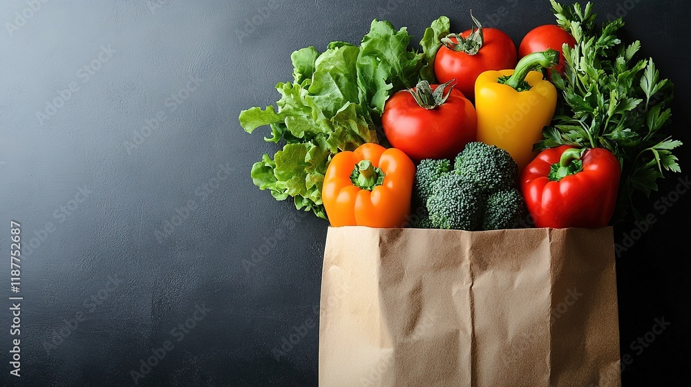 Full paper bag with food. Flat lay. A filled paper bag with a variety of different healthy foods. on a white background. Full paper bag with food. Flat lay. A filled paper bag with a variety of different healthy foods. on a white background.