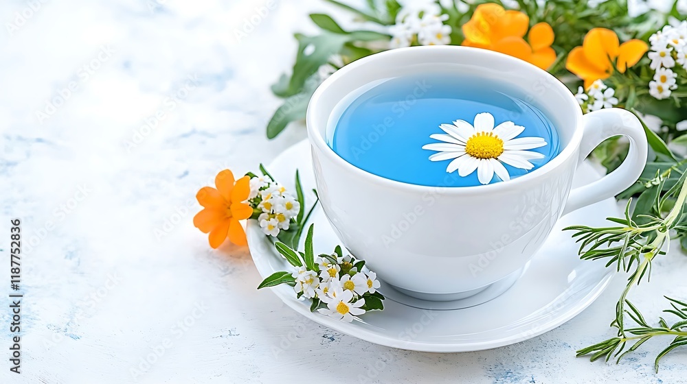 Blue Tea Cup with Daisy and Flowers Blue Tea Cup with Daisy and Flowers