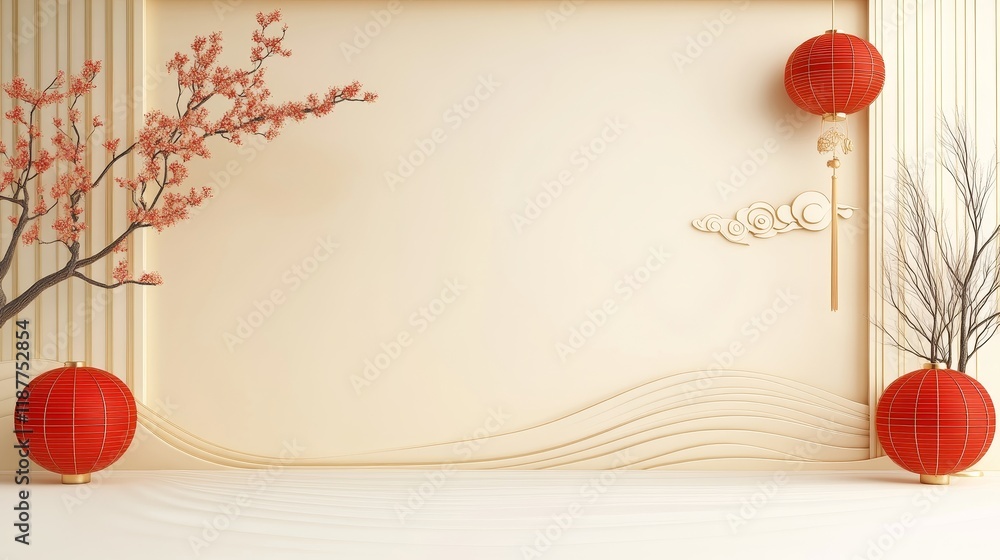 Elegant asian-inspired interior with red lanterns and cherry blossoms Elegant asian-inspired interior with red lanterns and cherry blossoms