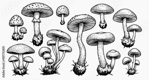 vector set of  mushroom, drawing, engraving, mushrooms
