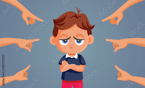 People Pointing to Spoiled Angry Kid Vector Illustration. Family punishing a bad rude behavior of a spoiled offspring 
