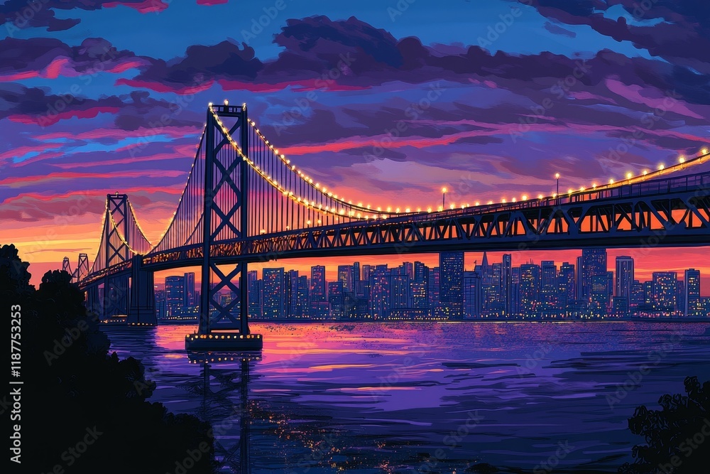 Fototapeta premium Illuminated bridge against vibrant city skyline at dusk