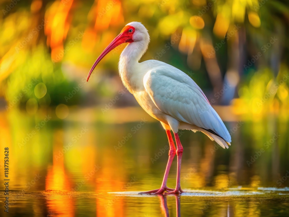 Fototapeta premium A lone-legged American White Ibis graces Lake Tohopekaliga, a stark beauty captured in Topeekeegee Yugnee Park.