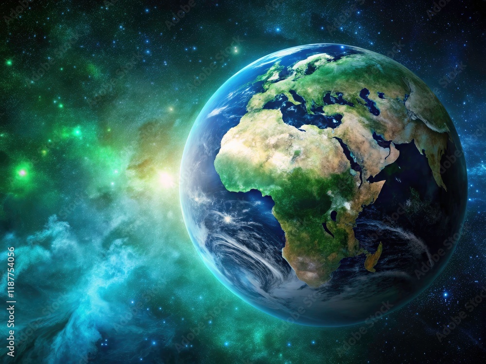 Fototapeta premium Green Earth Day: Globe on Starry Cosmos Background - Celebrate Our Planet
