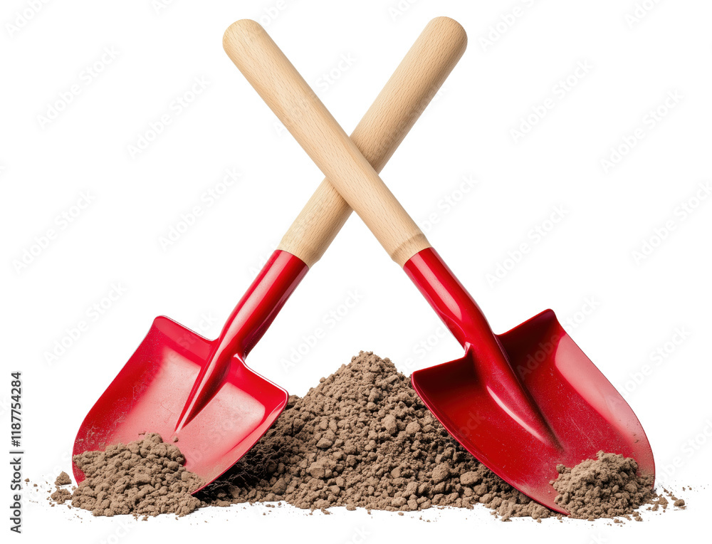 A pair of vibrant red shovels crossed on a heap of dirt, symbolizing teamwork and labor. A pair of vibrant red shovels crossed on a heap of dirt, symbolizing teamwork and labor.