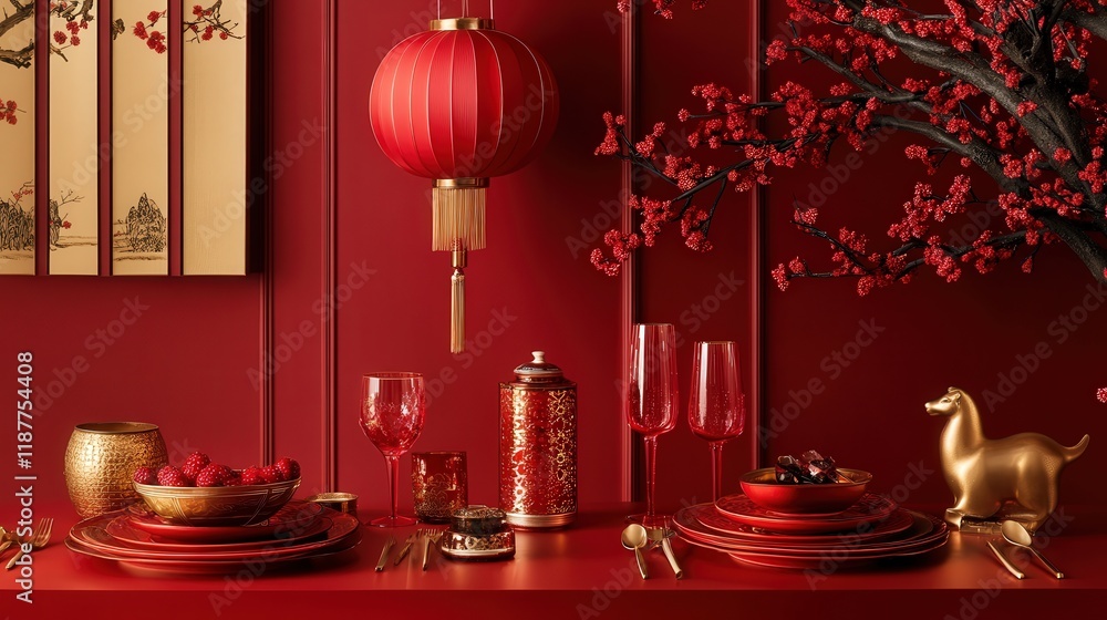 Chinese New Year set with a minimalist approach, featuring golden accents, clean lines, and modern decor,