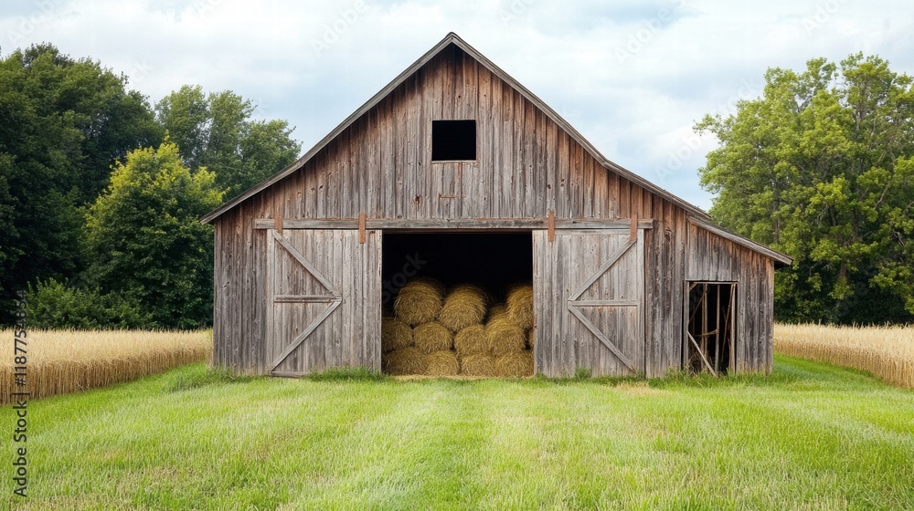 Weathered barn reveals bundles of hay inside awaiting transport near fields in daylight. Generative AI Weathered barn reveals bundles of hay inside awaiting transport near fields in daylight. Generative AI