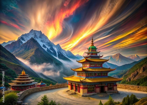 Wallpaper Mural Celestial architecture, mystical mountains frame Daocheng's sacred Tibetan temple.  Dreamlike scenery awaits photographers in China. Torontodigital.ca