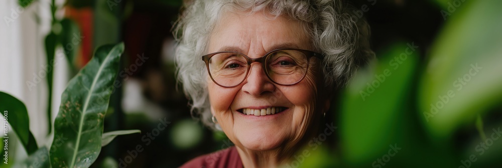 An elderly woman with glasses beams with joy, surrounded by lush green plants, illustrating warmth, happiness, and the beauty of nature in her life. An elderly woman with glasses beams with joy, surrounded by lush green plants, illustrating warmth, happiness, and the beauty of nature in her life.