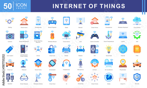 Internet of Things icon set such as wi fi, smart car, electronics, cloud computing, surveillance, smart building, smart energy. This modern and versatile collection is perfect for illustrating IoT.