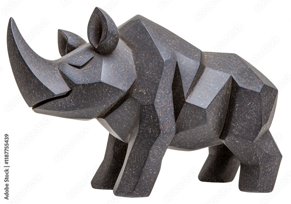 Geometric rhinoceros sculpture in dark stone, featuring angular shapes and a modern abstract design Geometric rhinoceros sculpture in dark stone, featuring angular shapes and a modern abstract design