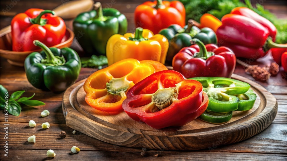 Fresh Bell Pepper Slices on a Rustic Wooden Table, Colorful and Healthy Ingredients for Cooking, Vibrant Colors, Natural Light, Culinary Photography, Food Preparation, Healthy Eating Fresh Bell Pepper Slices on a Rustic Wooden Table, Colorful and Healthy Ingredients for Cooking, Vibrant Colors, Natural Light, Culinary Photography, Food Preparation, Healthy Eating