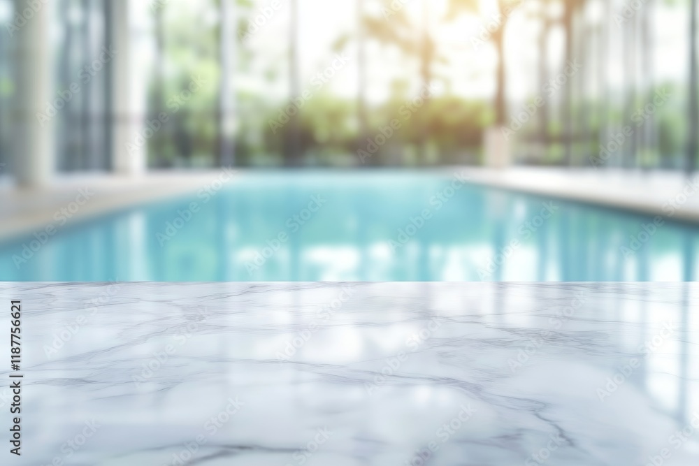 Obraz premium Marble table, poolside, tropical view, resort, summer