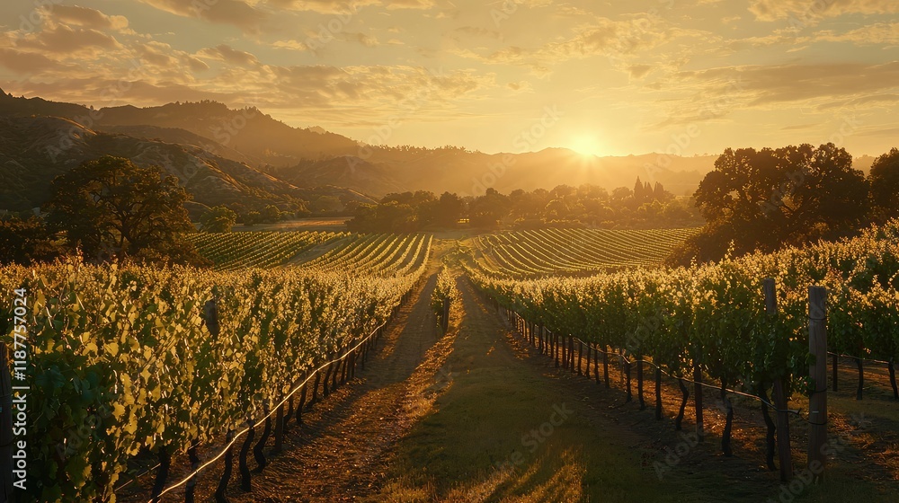Obraz premium Serene Vineyard Landscape at Sunset with Golden Light and Mountains