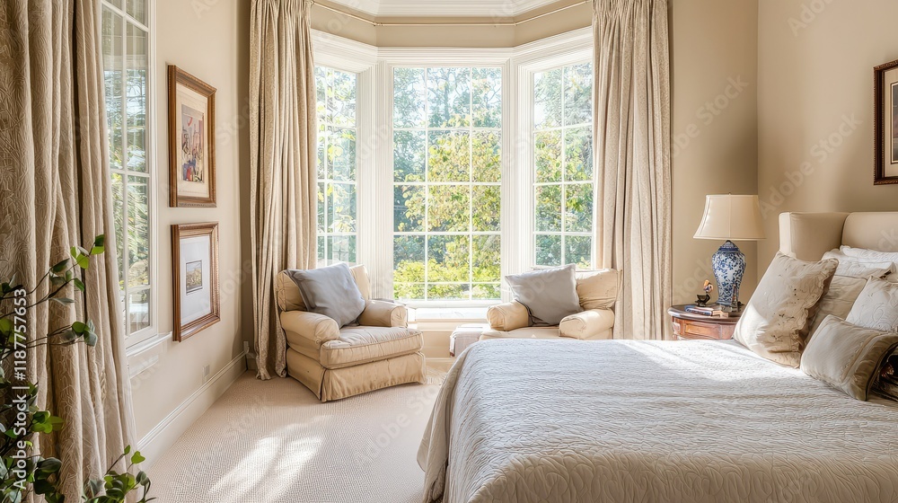 Fototapeta premium Bright and Cozy Bedroom with Bay Window and Light Drapes