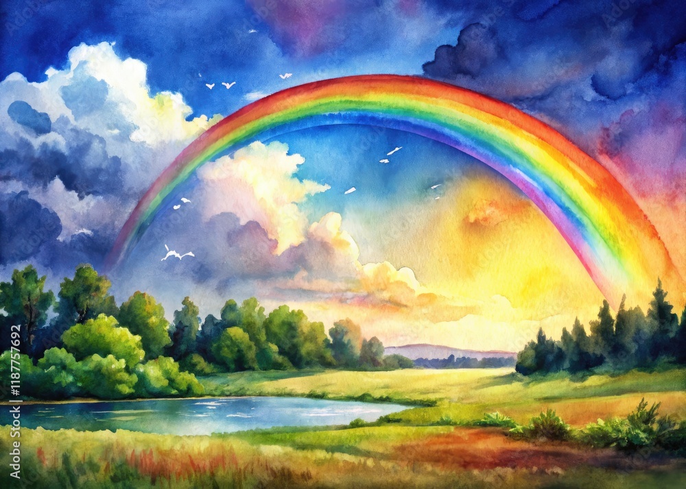 Obraz premium Hopeful Skies: A digital watercolor landscape painting bursting with rainbow hues and artistic charm.