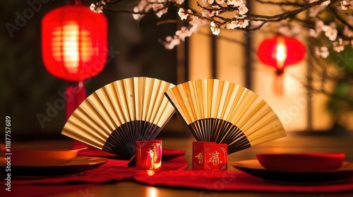 festive centerpiece with bamboo fans, lucky red envelopes, and lanterns casting a soft, warm glow to celebrate Chinese New Year.