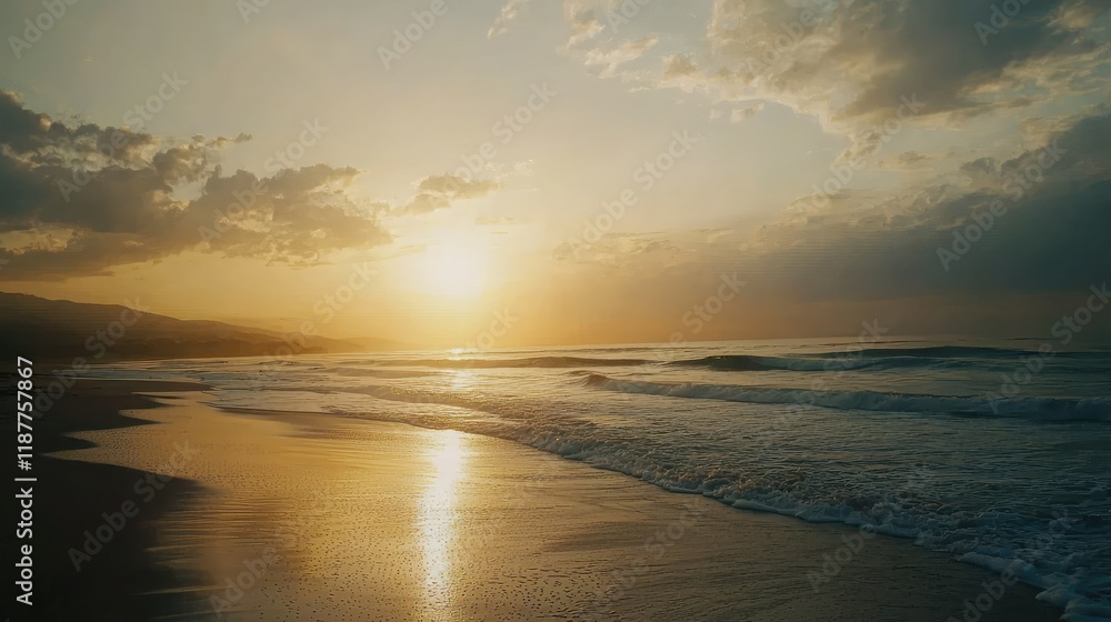 Fototapeta premium Tranquil Sunset Over Serene Beach with Gentle Waves and Clouds