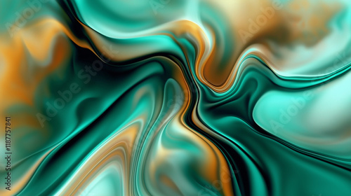 Abstract turquoise and gold liquid marble texture background flowing