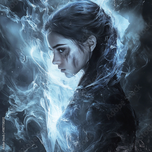 Mystical Woman Surrounded by Ethereal Smoke and Ice-Like Effects in a Dark Fantasy Setting photo