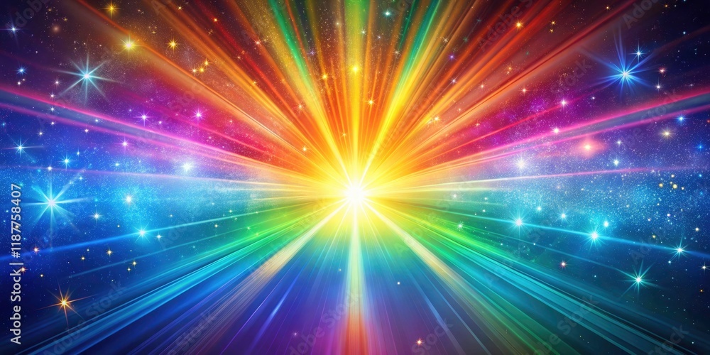 Fototapeta premium Magical rainbow sunburst, glittering stars paint a celestial fantasy art background.